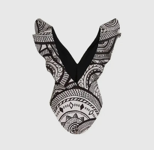 Jblonde Black & White Tribal Ruffle Shoulder Swimsuit
