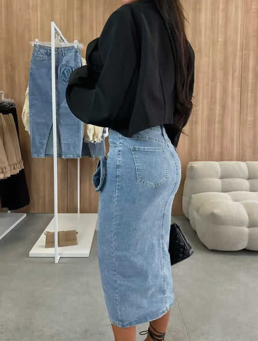 Denim Rosette Pencil Skirt