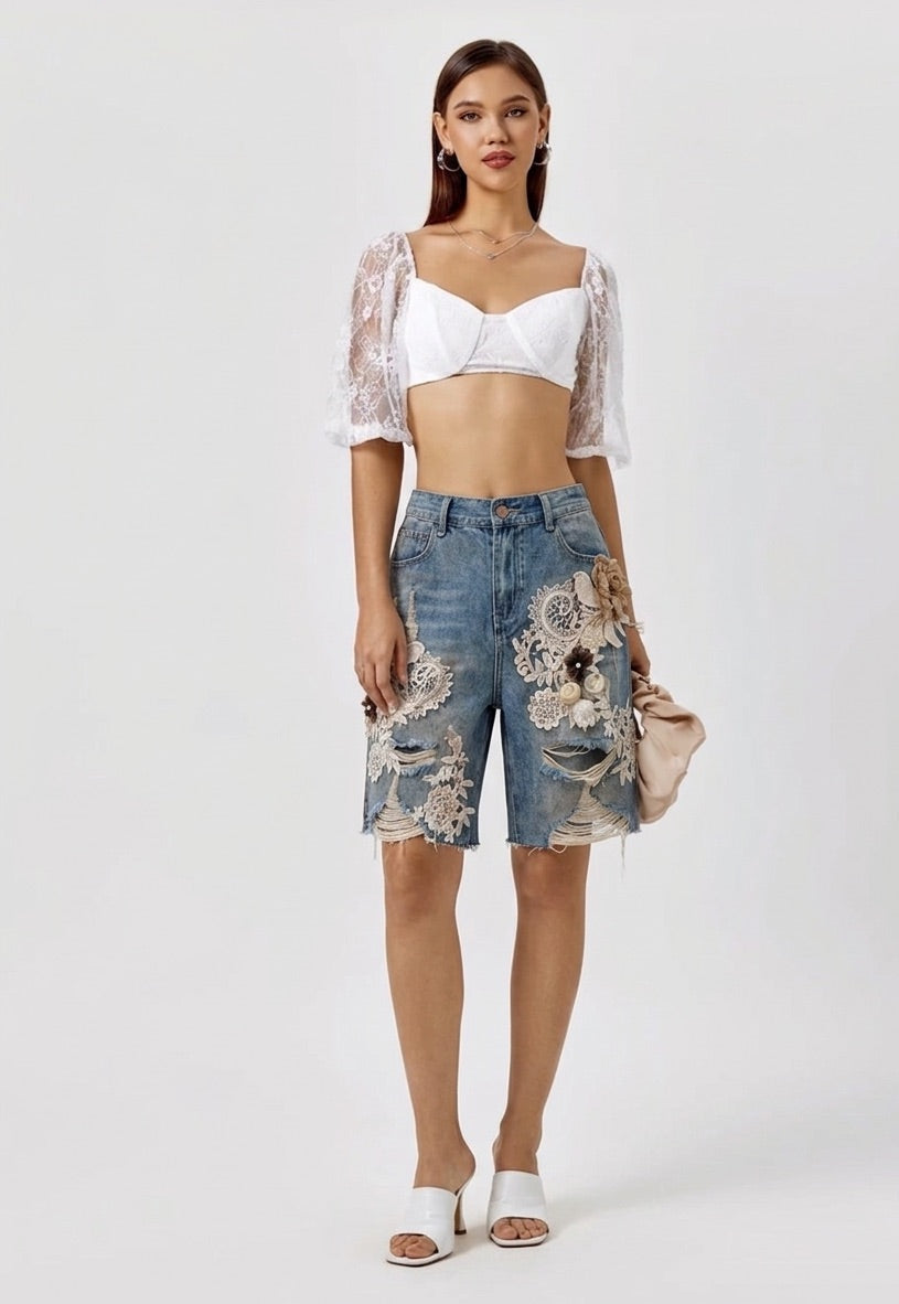 Vintage Rinse Appliqué Denim Shorts