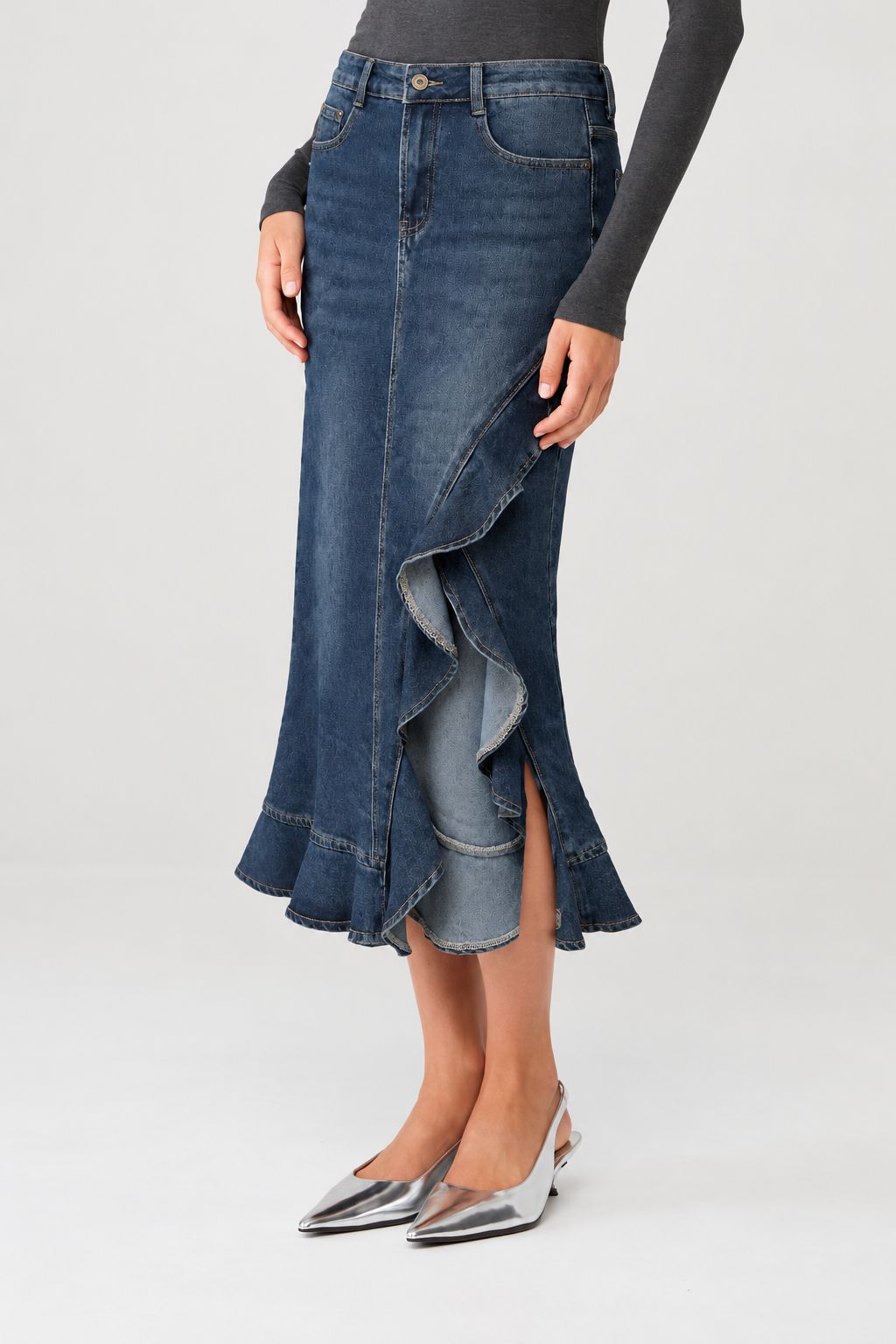 Blue Note Ruffle Denim Midi Skirt view 3