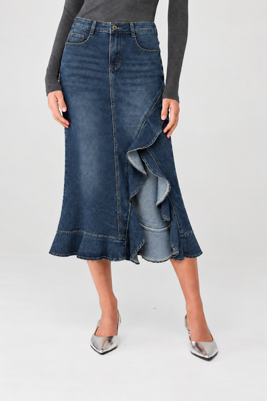 Blue Note Ruffle Denim Midi Skirt view 2