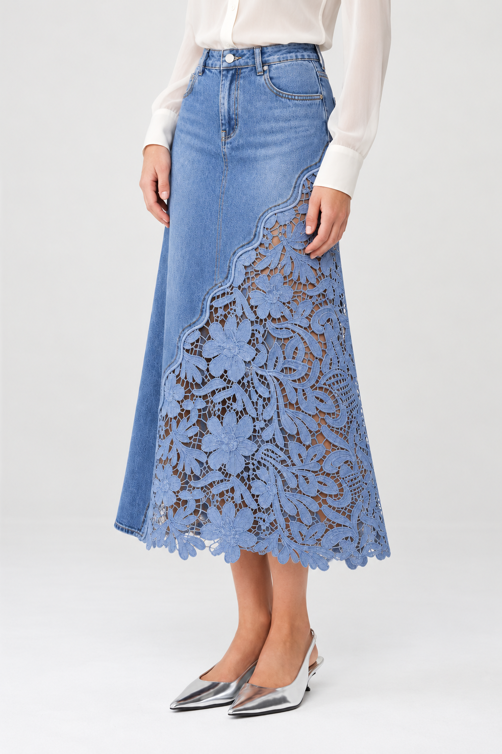 Blue Bloom Lace-Panel Denim Skirt view 3
