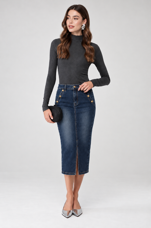 Gold Rush Denim Midi Skirt