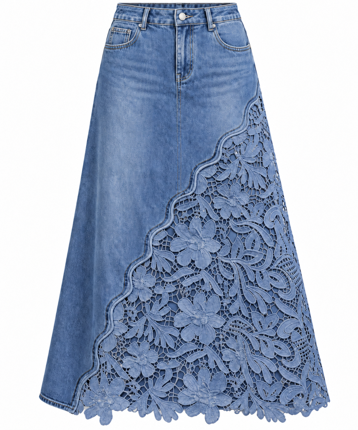 Blue Bloom Lace-Panel Denim Skirt view 4