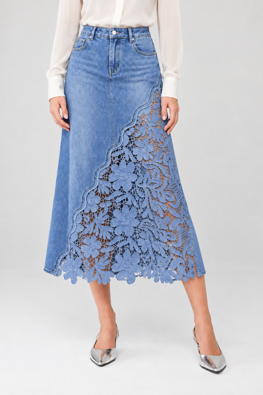 Blue Bloom Lace-Panel Denim Skirt view 2