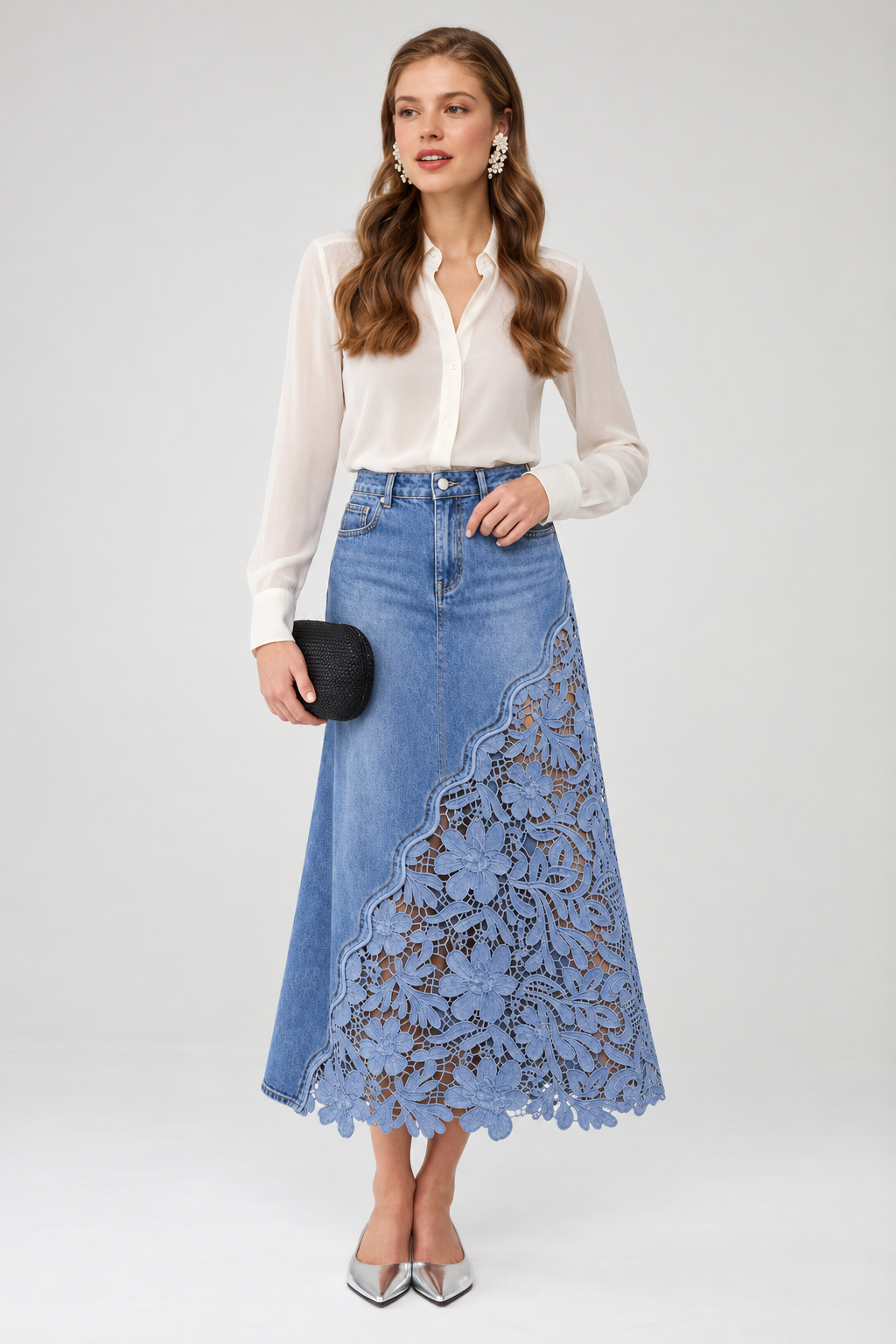 Blue Bloom Lace-Panel Denim Skirt
