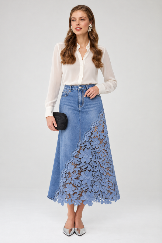 Blue Bloom Lace-Panel Denim Skirt