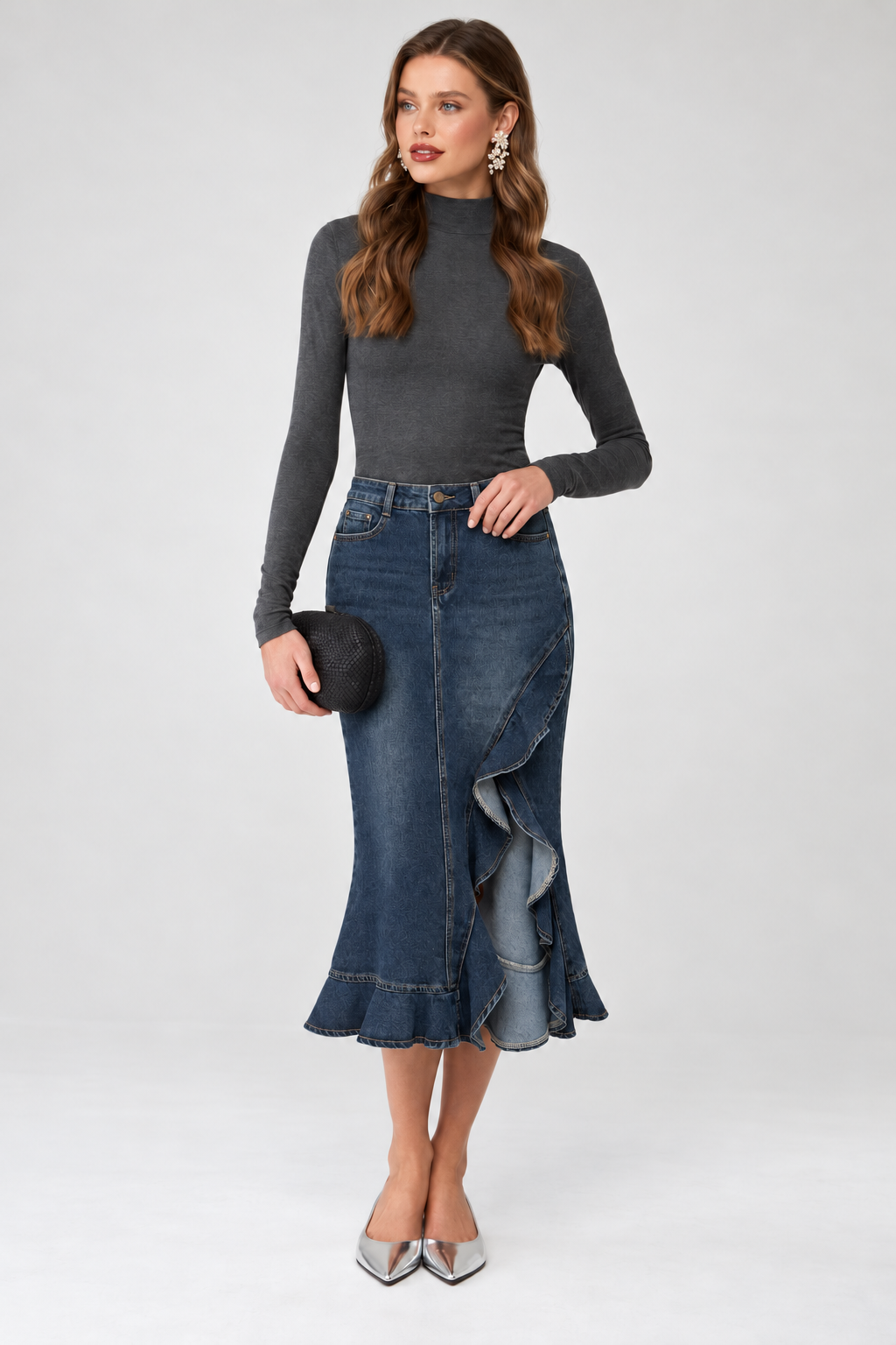 Blue Note Ruffle Denim Midi Skirt