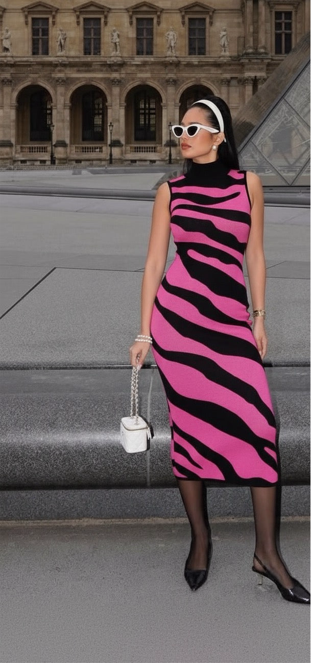 Jblonde Zebra Print Midi Dress - Black & Rose