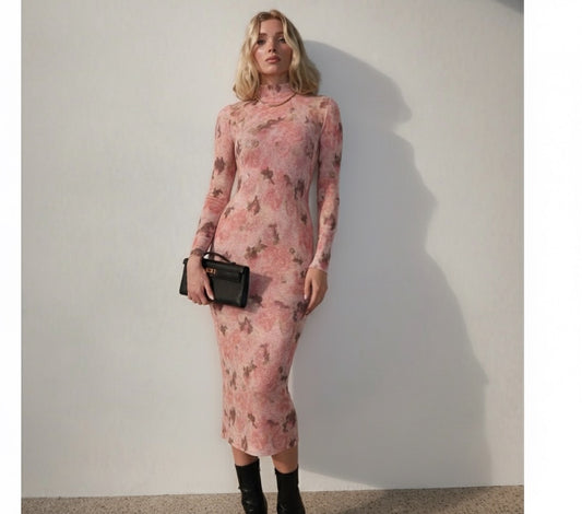 Jblonde Blushy Floral Mock Neck Midi Dress