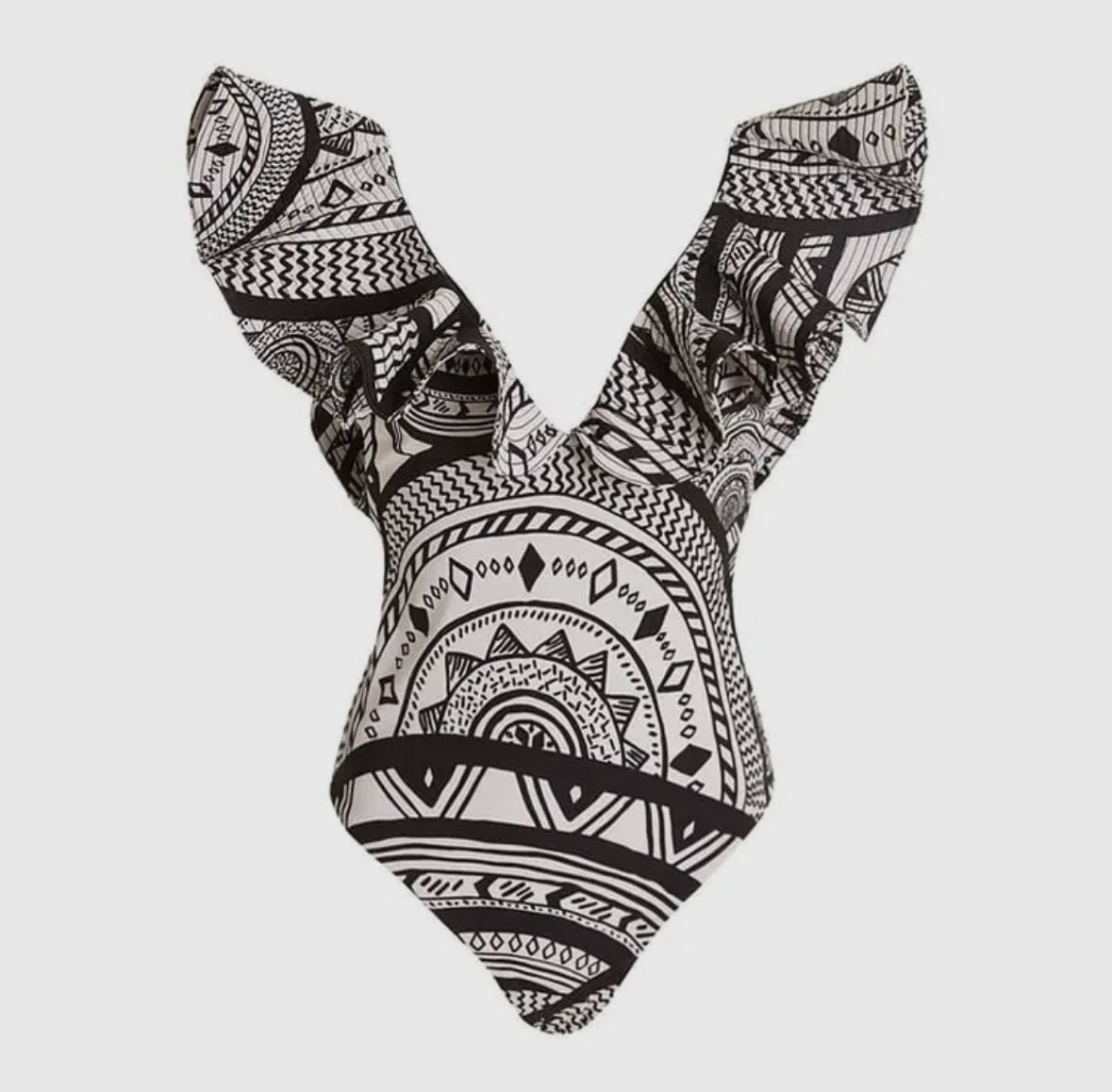 Jblonde Black & White Tribal Ruffle Shoulder Swimsuit