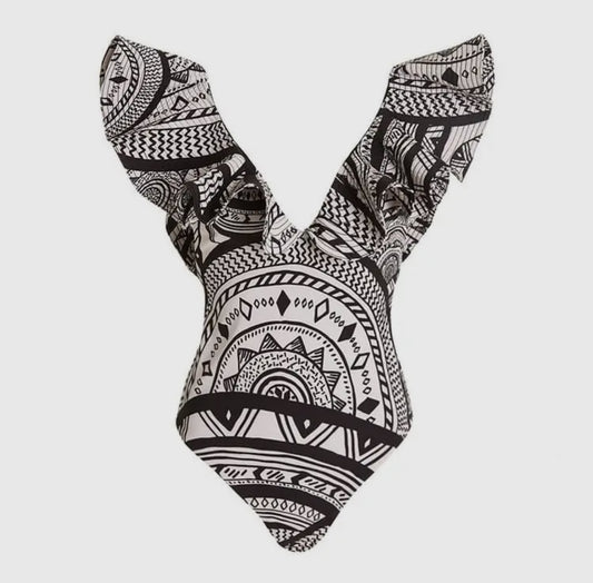 Jblonde Black & White Tribal Ruffle Shoulder Swimsuit